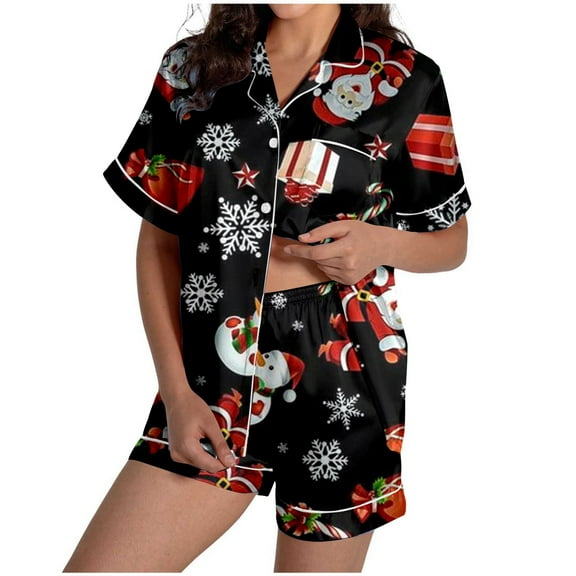 YuYuBao Women Pajamas Sets Christmas Snowflake Print Silk Satin Short Sleeve Shirt With Shorts Pjs Sleepwear Sets