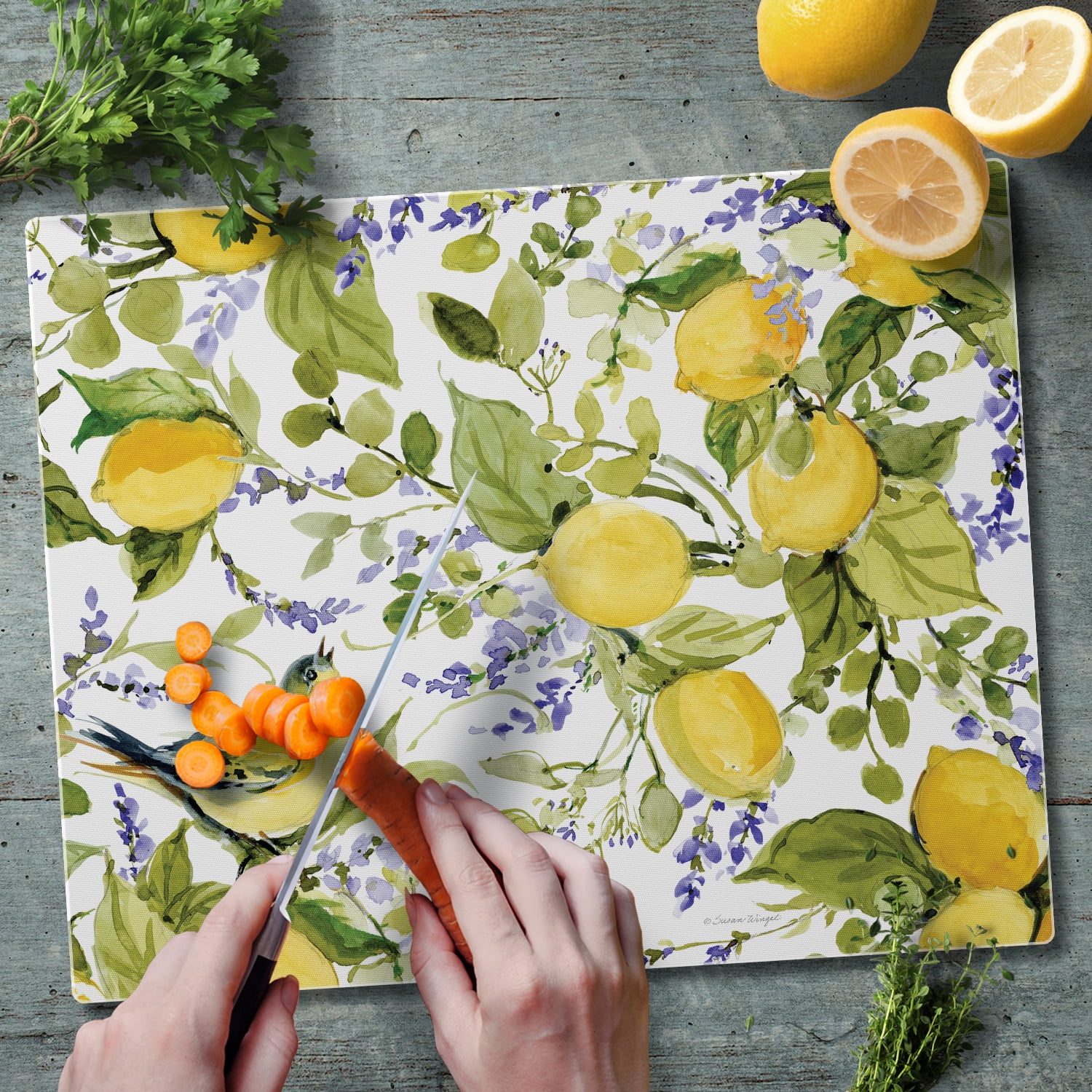 CounterArt Watercolor Lemons 3mm Tempered Glass Cutting Board 15" by 12"