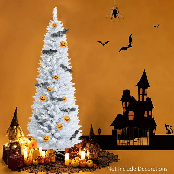 Halloween Christmas Tree, 7.5 Feet White Christmas Tree with 1000 Tips, Collapsible Pencil Christmas Tree with Metal Stand for Halloween, Indoor Outdoor Use Party Decorations, SS1484