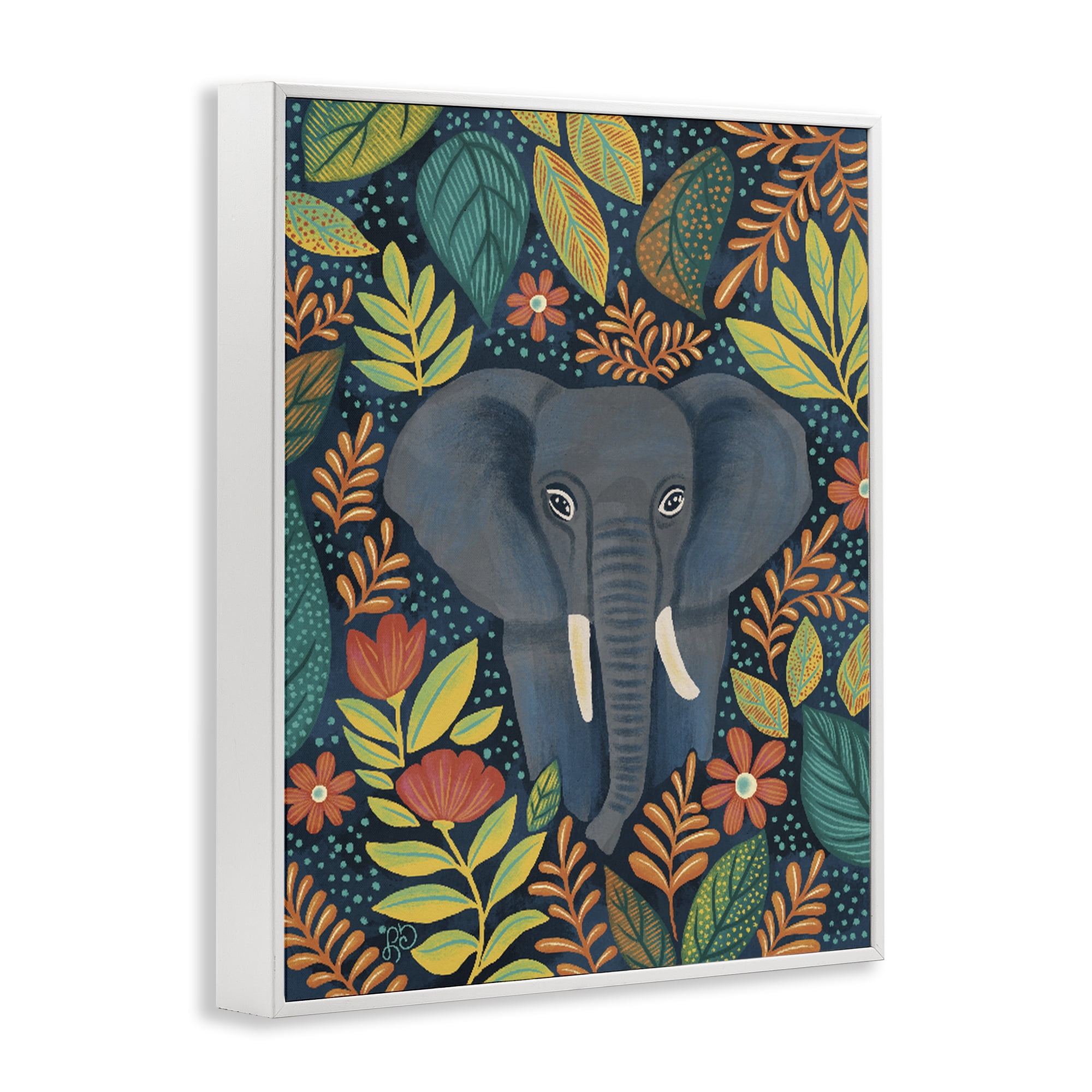 Stupell Industries Exotic Leaf Pattern Elephant White Framed Giclee Art, design by Lisa R Dumm