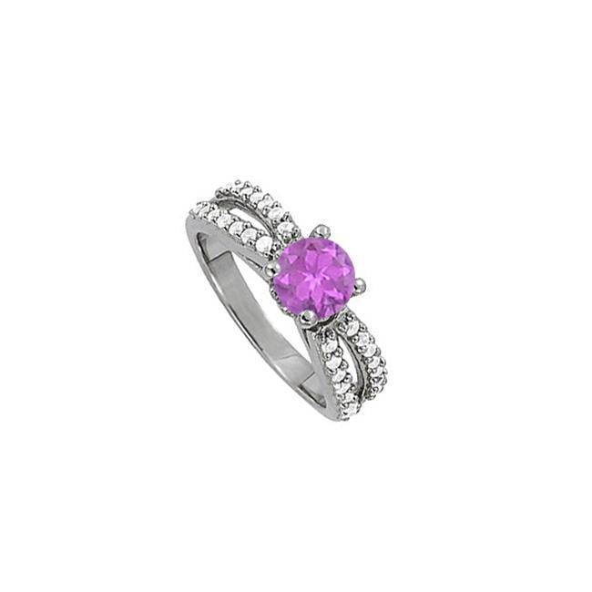 Fine Jewelry Vault UBNR50497W14CZAM Four Prong Set Amethyst With Cubic Zirconia Split Shank Engagement Ring, 28 Stones by Fine Jewelry Vault