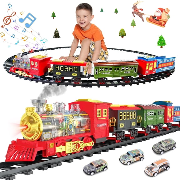 Teblint Christmas Train Set, Electric Train Toys with Smoke, Lights & Sounds, Rechargeable Toy Train Steam Locomotive with Launcher Car & Tracks, Christmas Birthday Gifts for Kids Age 3-8