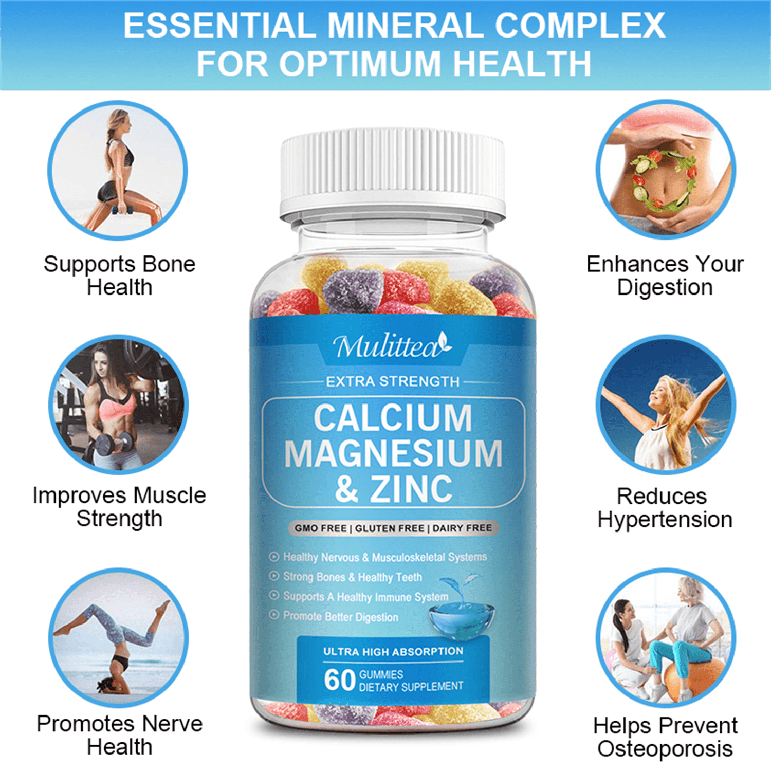 Calcium, Magnesium and Zinc Gummies with Vitamin D3 - Supports Bone Health & Immune Function - Dietary Vitamin Supplements for Women, Men(2 Pack)