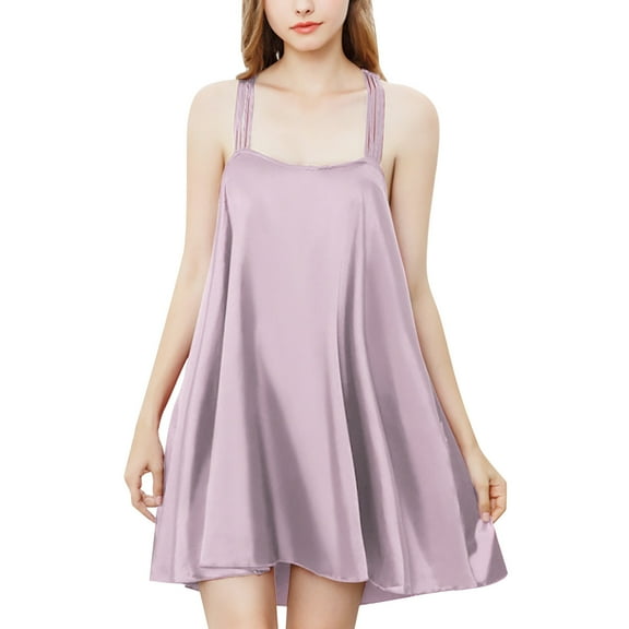 DHFJKG Womens Silk Nightgown Satin Spaghetti Strap Mini Sleep Dress Square Neck Solid Color Nightdress Summer Backless Stylish Home Clothes