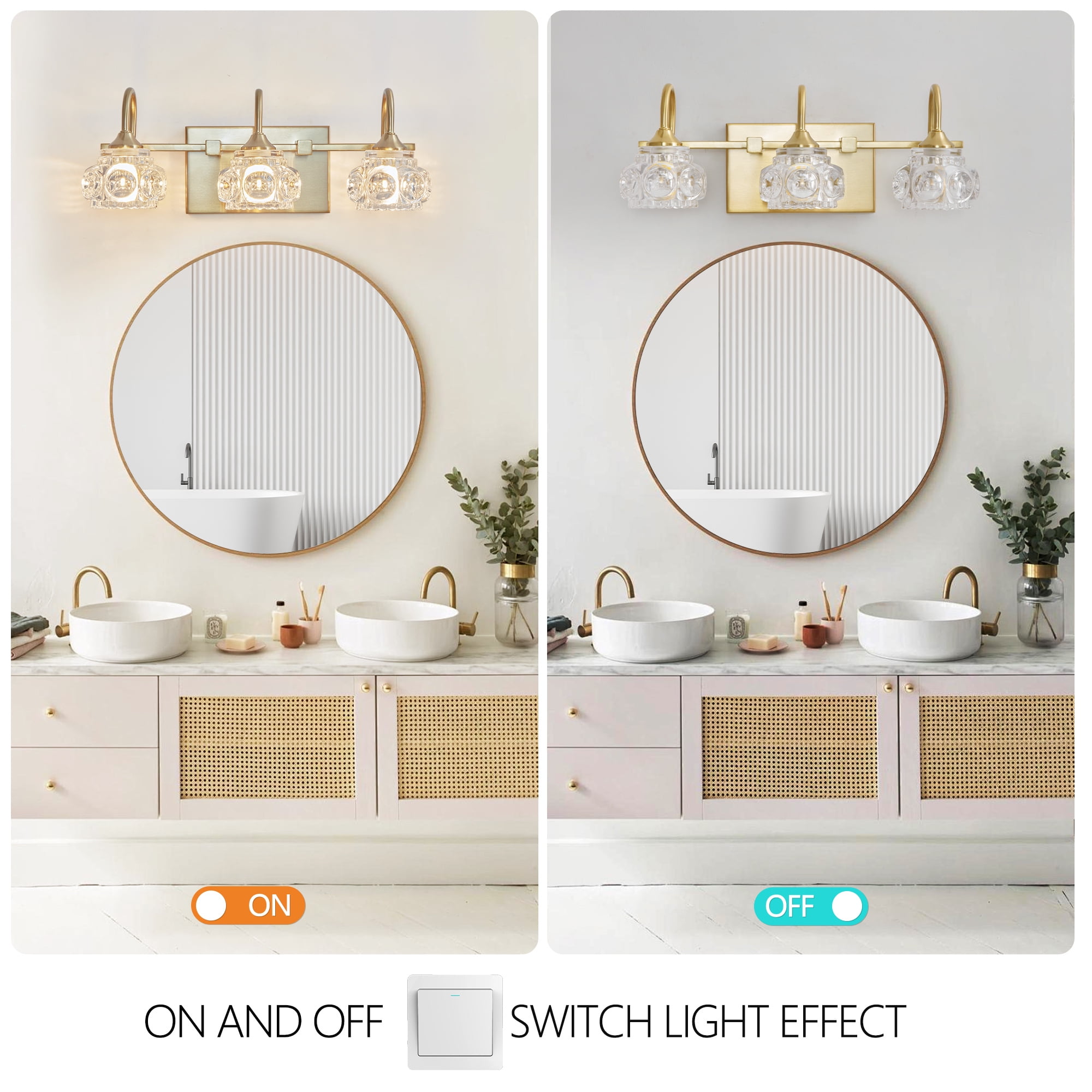 Jopath 17" Modern 3-Ligh Crystal Bathroom Vanity Light, Golden Wall Sconce with Clear Glass Shade, Elegant Wall Mount Lighting for Bathroom, Powder Room, or Vanity Mirror (No Bulbs)