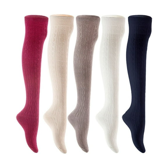 Lian LifeStyle Women's 5 Pair Adorable Comfortable Soft Thigh High Over Knee High Cotton Socks Size 6-9 L1024 Wine,Cream,Dark Grey,White,Navy