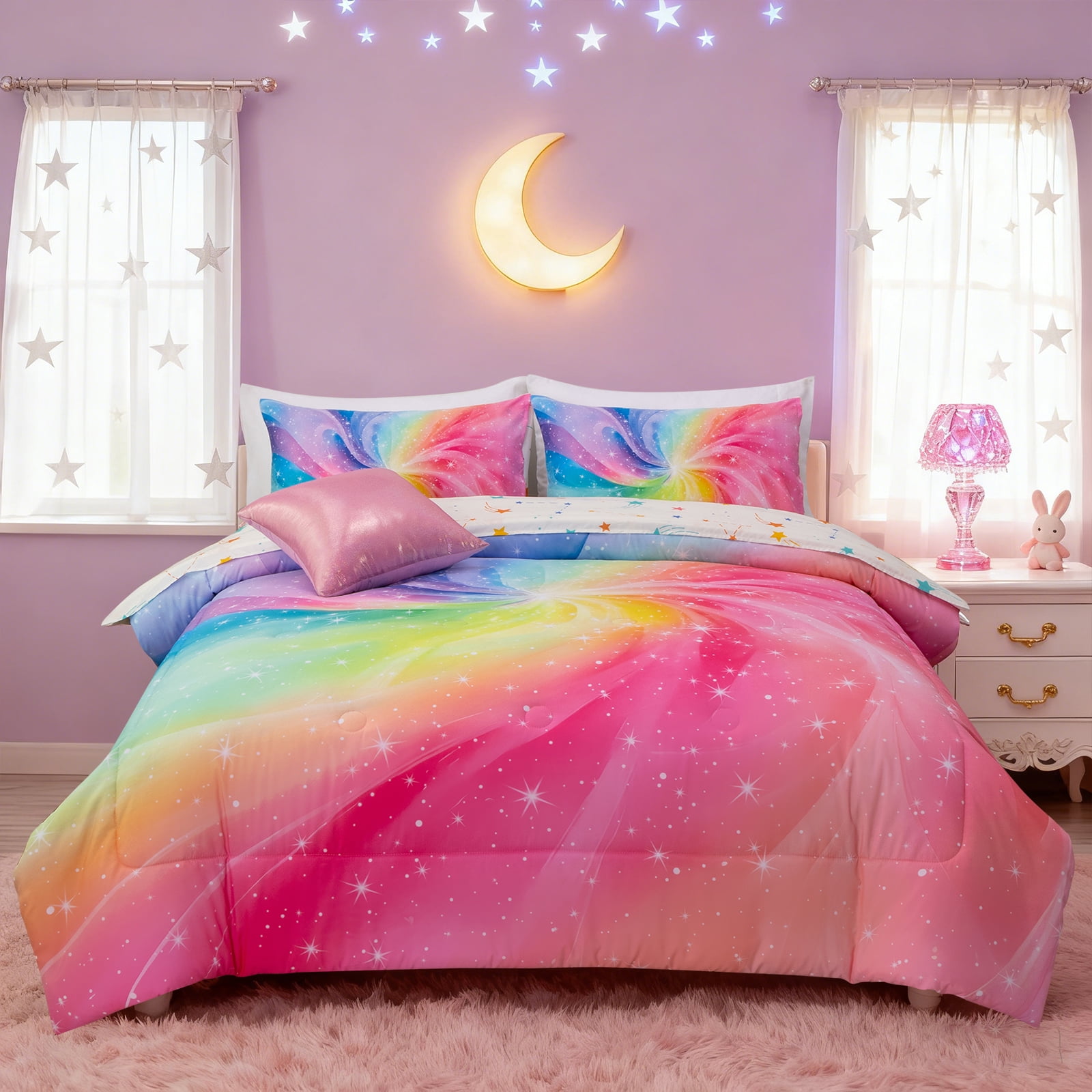 Btargot Girl Comforter Set Full 6 Piece Rainbow Bedding Set Colorful Gradient Glitter Bed-in-a-Bag