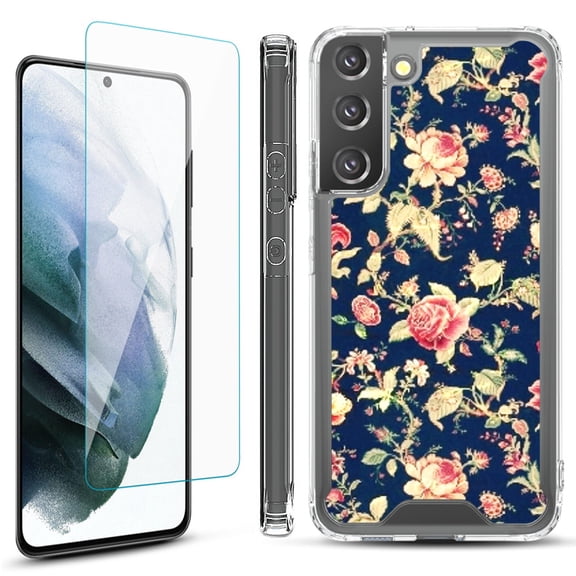 Shockproof Bumper Phone Case for Samsung Galaxy S22  / S22 Plus 5G, with Tempered Glass Screen Protector, by OneToughShield ® - Floral Garden