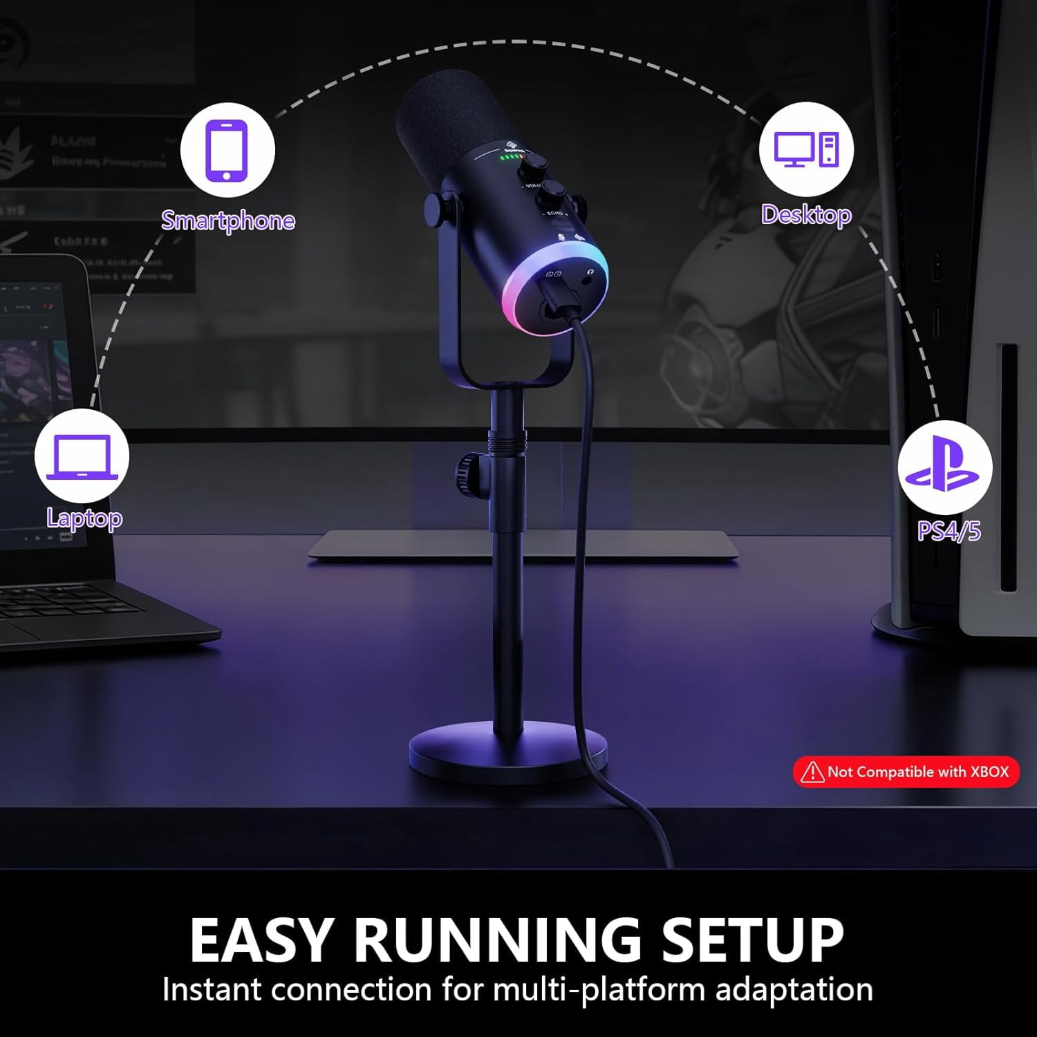 USB XLR Dynamic Podcast Microphone with RGB Lighting for Streaming Gaming