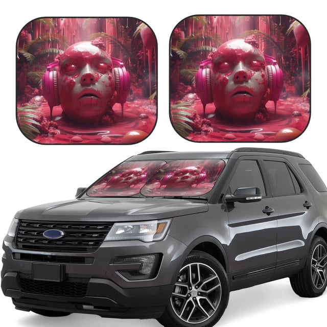 Saiise Surreal Pink Headphones for Foldable Car Sun Shades (2-Pack) Offer Sun Protection with an Easy-fold Design for Convenient Windshield Shading-Medium