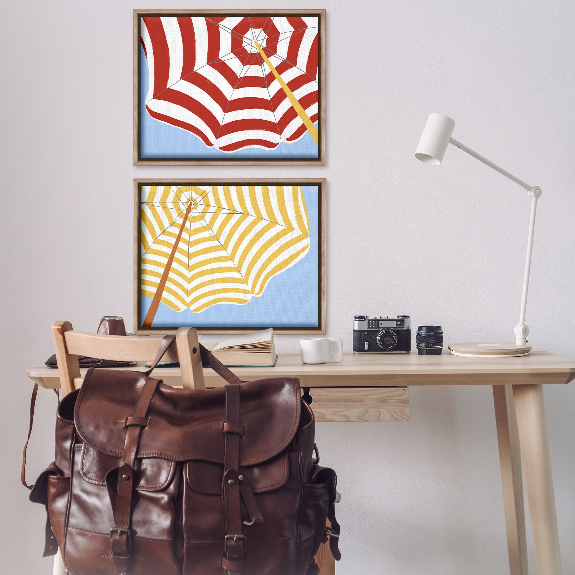 Stupell Industries Striped Beach Umbrella Nautical & Beach Painting Brown Floater Framed Canvas Art Print Wall Art, 31 x 25, Set of 2