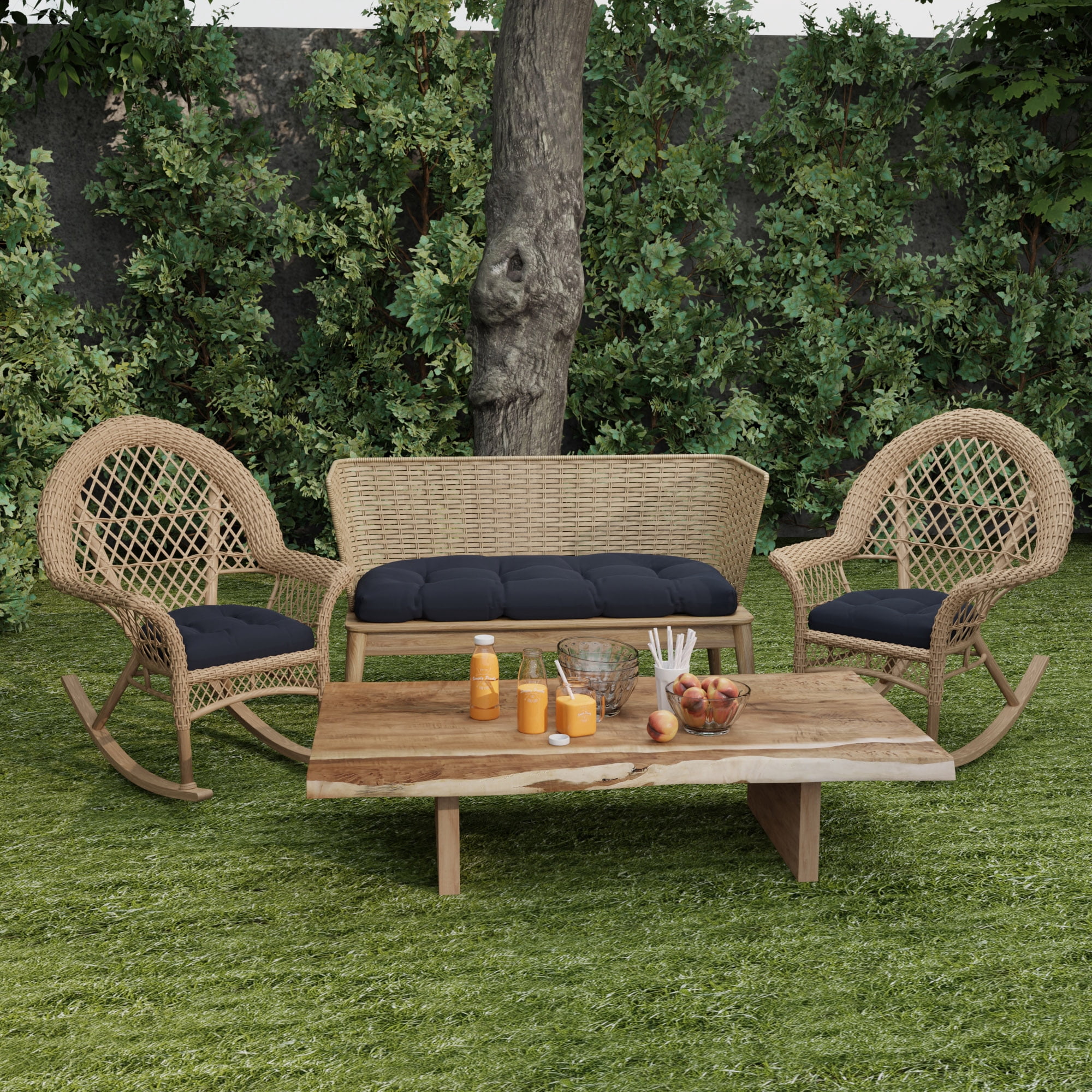 Jordan Manufacturing 44" x 18" Navy Solid Rectangular Tufted Outdoor Wicker Settee Bench Cushion with Rounded Back Corners