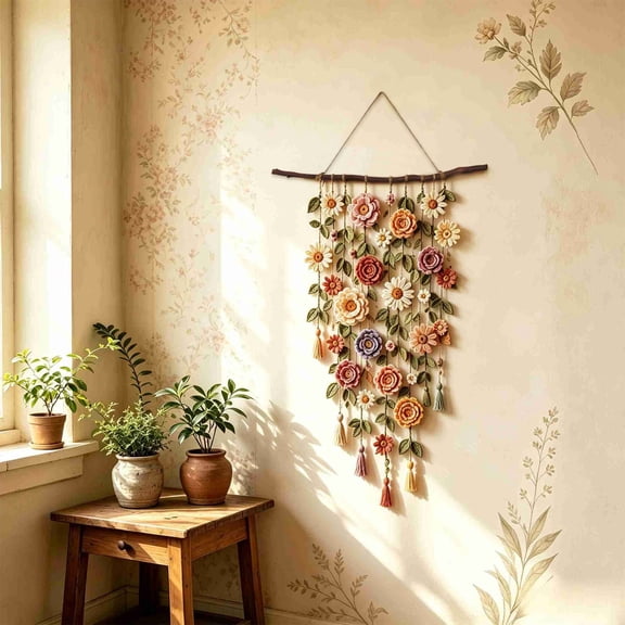 Boho Crochet Flower Wall Hanging,Handmade Crochet Flower Wall Decor,Rustic Boho Floral Macrame Wall Hanging for Living Room Bedroom Cafe Home Farmhouse Decor