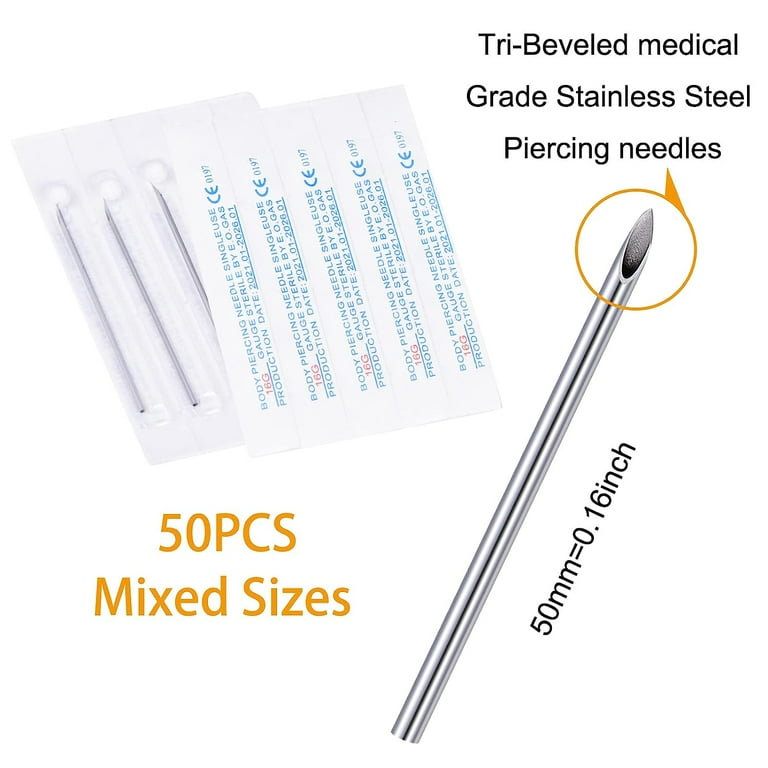 50PCS Mixed Body Piercing Needles, 12G 14G 16G 18G 20G Disposable Sterile Stainless Steel Piercing Needles for Ear Nose Navel Belly Nipple Tongue Lip Smiley Piercing