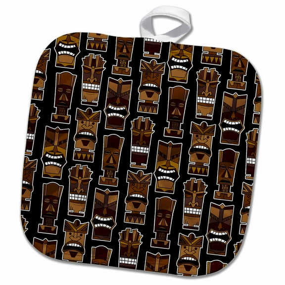3dRose, Tropical Tiki Print Small - Brown on Black, 8x8 Potholder