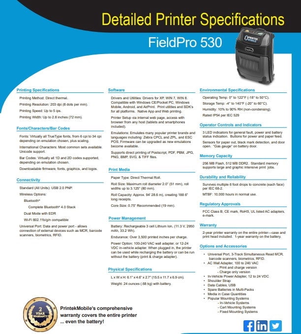 Printek 93843 FP530L SE Direct Thermal 3" printer, USB, Bluetooth