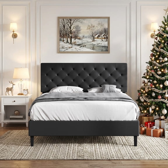 4 EVER WINNER QUEEN Size Bed Frame with Headboard, Upholstered Platform Bed with Button Tufted Design, Faux Leather Bed Frame with Wooden Slats Support, No Box Spring Required, Easy Assembly, Black