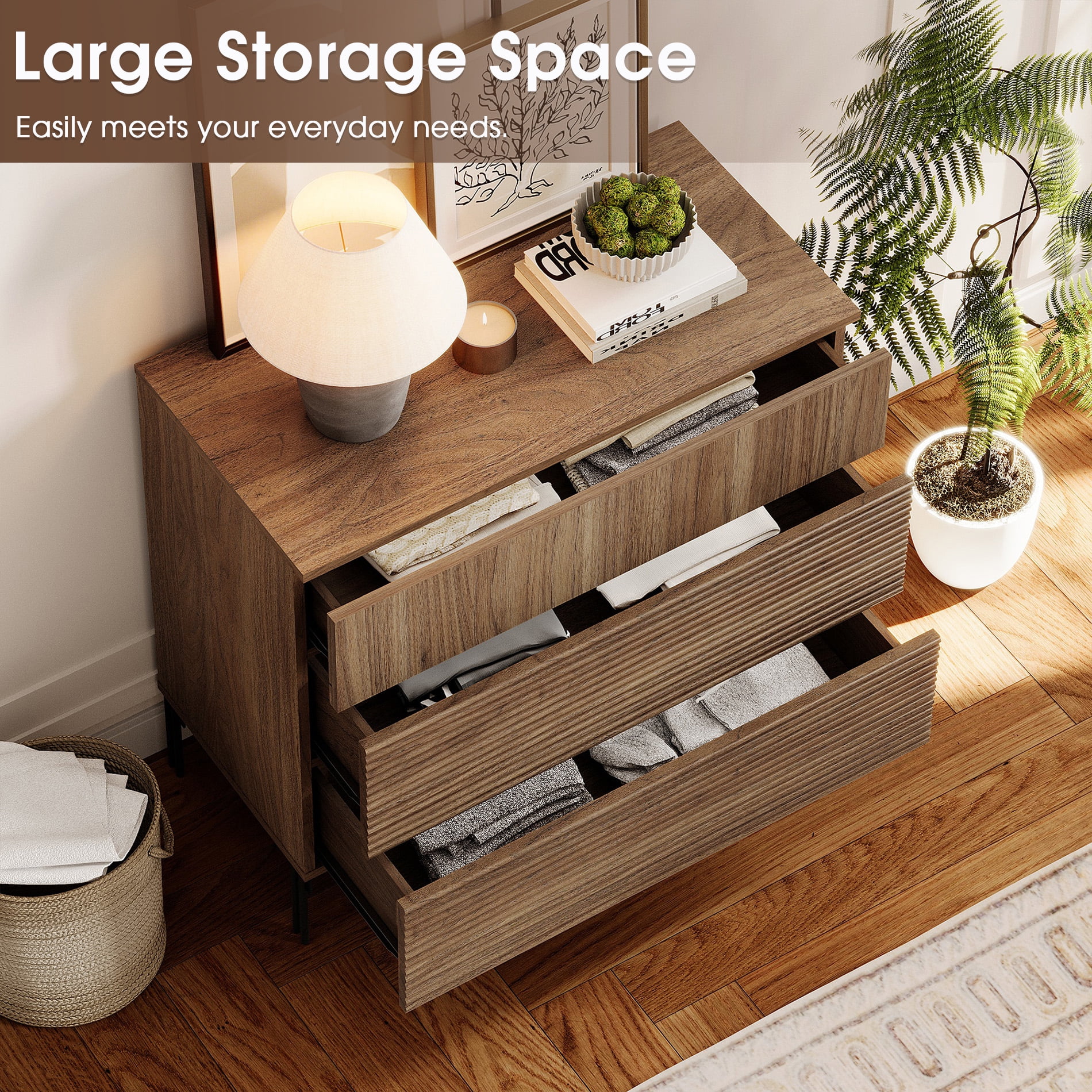 Modern Minimalist Wood Nightstand with 3 Drawers ,31.5" Large End Table,Reeded Design Bedside Table for Bedroom, Living Room,Entryway