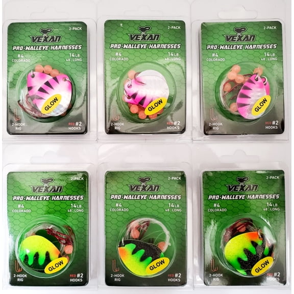 Vexan Two-fer Six 2-Packs (12 Total) Glow Walleye Crawler Harnesses, Holo Purple/Perch