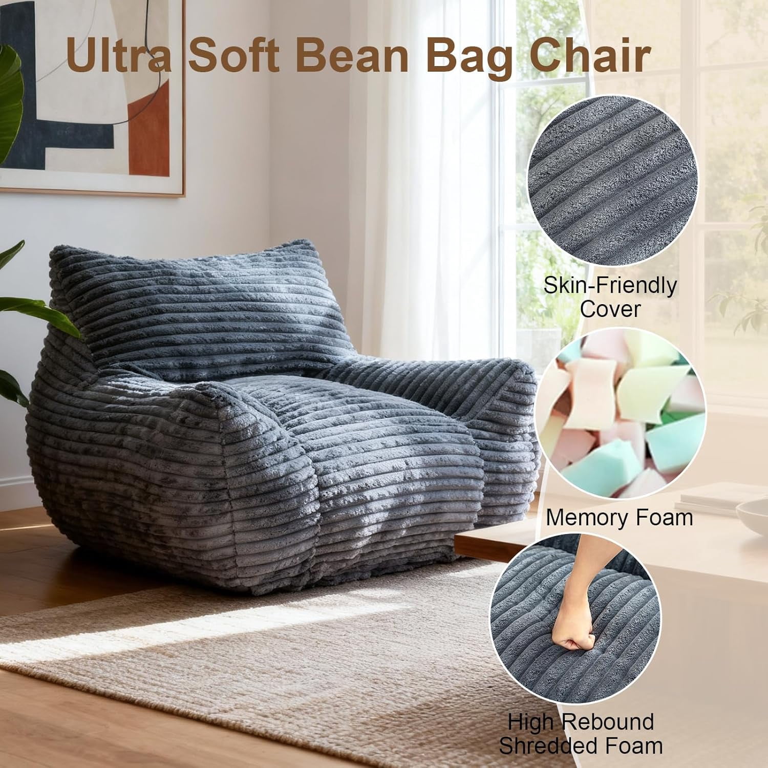 Ywen Bean Bag Chair for Adults & Kids, Giant Bean Bag Sofa with Side Pocket, Corduroy Beanbag Chair with Armrests, Comfy Stuffed Floor Sofa for Living Room Bedroom Dorm, Gray