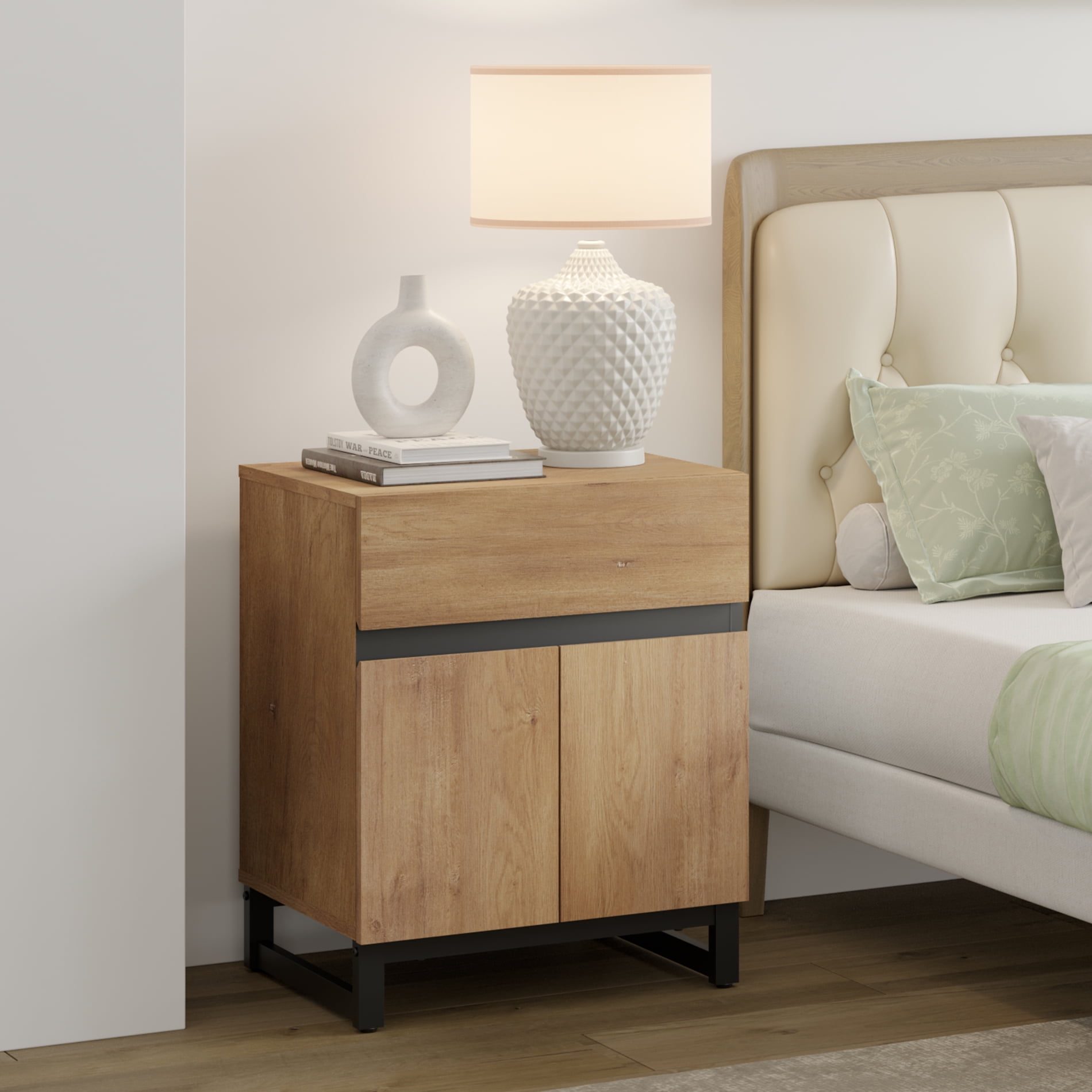 WAMPAT Nightstand with 1 Drawer & 1 Storage Cabinet, Modern Bedside Table with 2 Open Doors for Bedroom, Wood Rustic Side End Table for living Room.