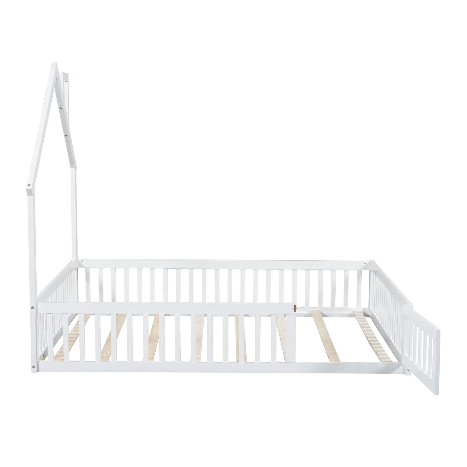 Full Size Floor Bed with Door and Slats,Montessori Floor Bed with Safety Guardrails,House Platform Bed for Girls and Boys,White