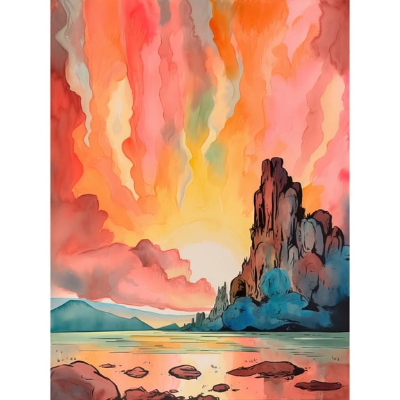 Mono Lake Atmospheric Pink Sky Sunset Clouds Vibrant Lakescape Modern Watercolour Painting Unframed Wall Art Print Poster Home Decor Premium