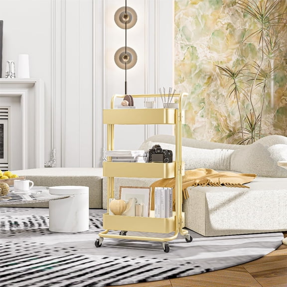 3-Tier Metal Rolling Cart with Wheels, Utility Storage Cart, Multifunctional Organizer Storage for Kitchen, Bedroom, Office, Laundry Room, Dorm Room Essentials (Cream Yellow)