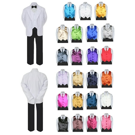 

7pc Boy Formal Black & White Suit Tux Set Satin Necktie & Vest Baby Sm-20 Teen