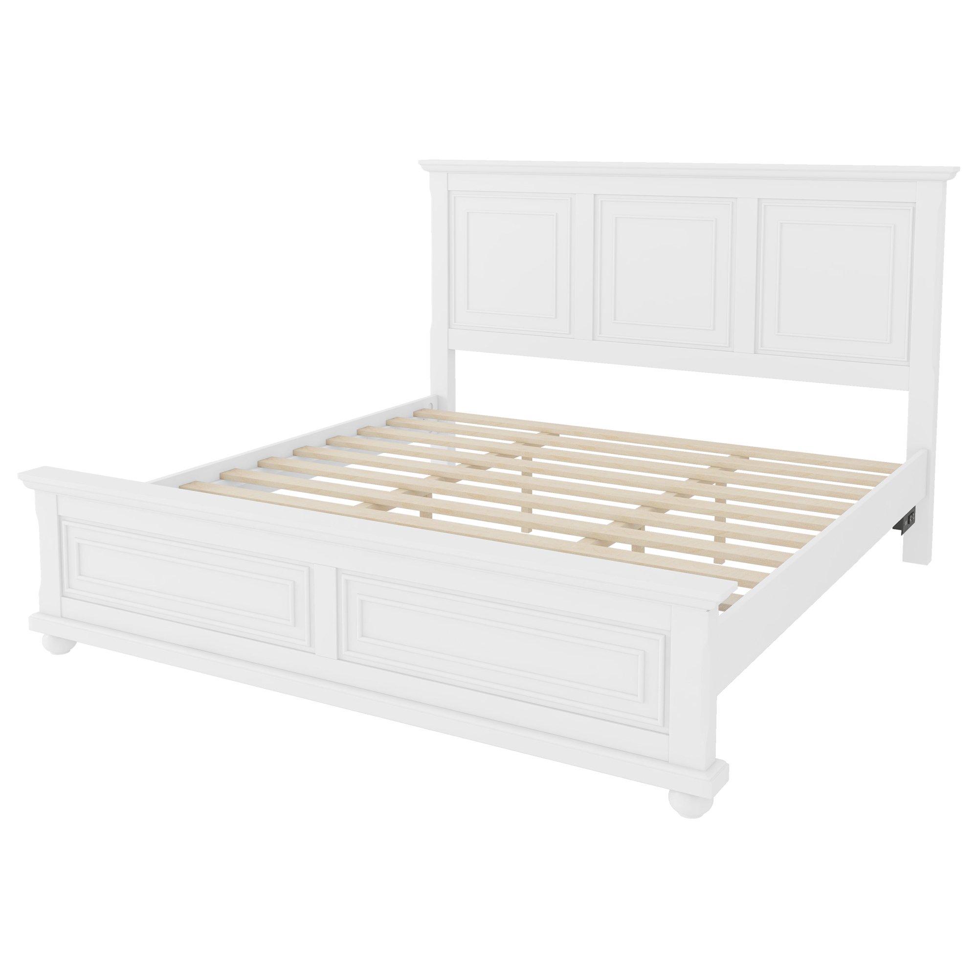 Mirightone King Size Farmhouse Bed Frame with Charging Station, Tall Headboard & Footboard, Solid Wood Platform Bed, No Box Spring Needed, Noise-Free, White