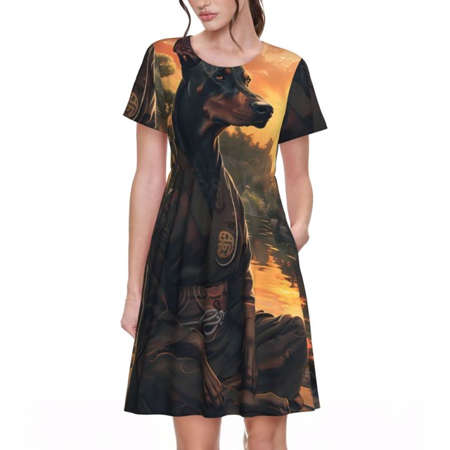 Balery Sunset Meditating Doberman Vestidos sueltos de manga corta para mujer, vestidos de verano 2025, vestidos casuales de corte A con vuelo.