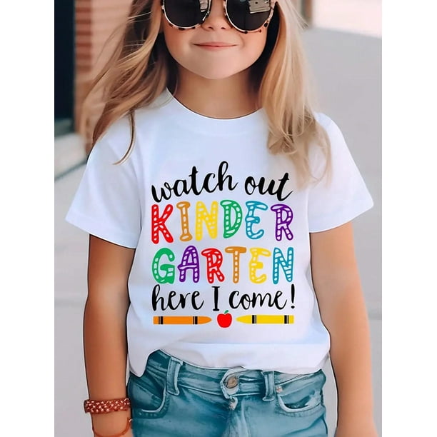 Young Girls ' Casual Fashionable Comfortable Simple Crayon & Letter Print Short Sleeve T-Shirt, Spring/Summer Kindergarten T Shirt Kid
