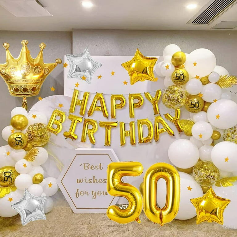 Gold Birthday Party Decorations, Happy Birthday Banner, 50th Gold White  Birthday Decorations Supplies Balloons