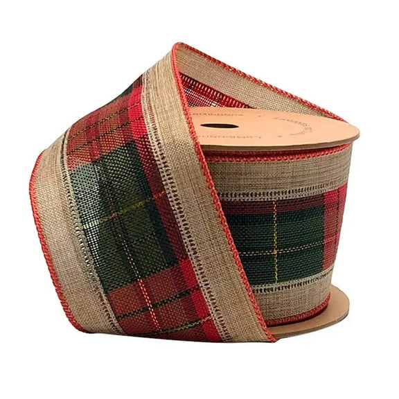 LaRibbons 2 1/2" Burlap Holiday Wired Ribbon | "Plaid" Natural/Black/Red | 10 Yard Roll