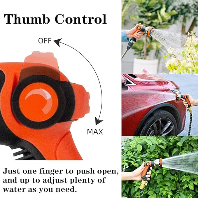 2-Pack Heavy Duty Metal Garden Hose Nozzle with Thumb Control, 10 Spray Patterns for Watering Plants, Car Washing, Pet Showering and Cleaning Orange