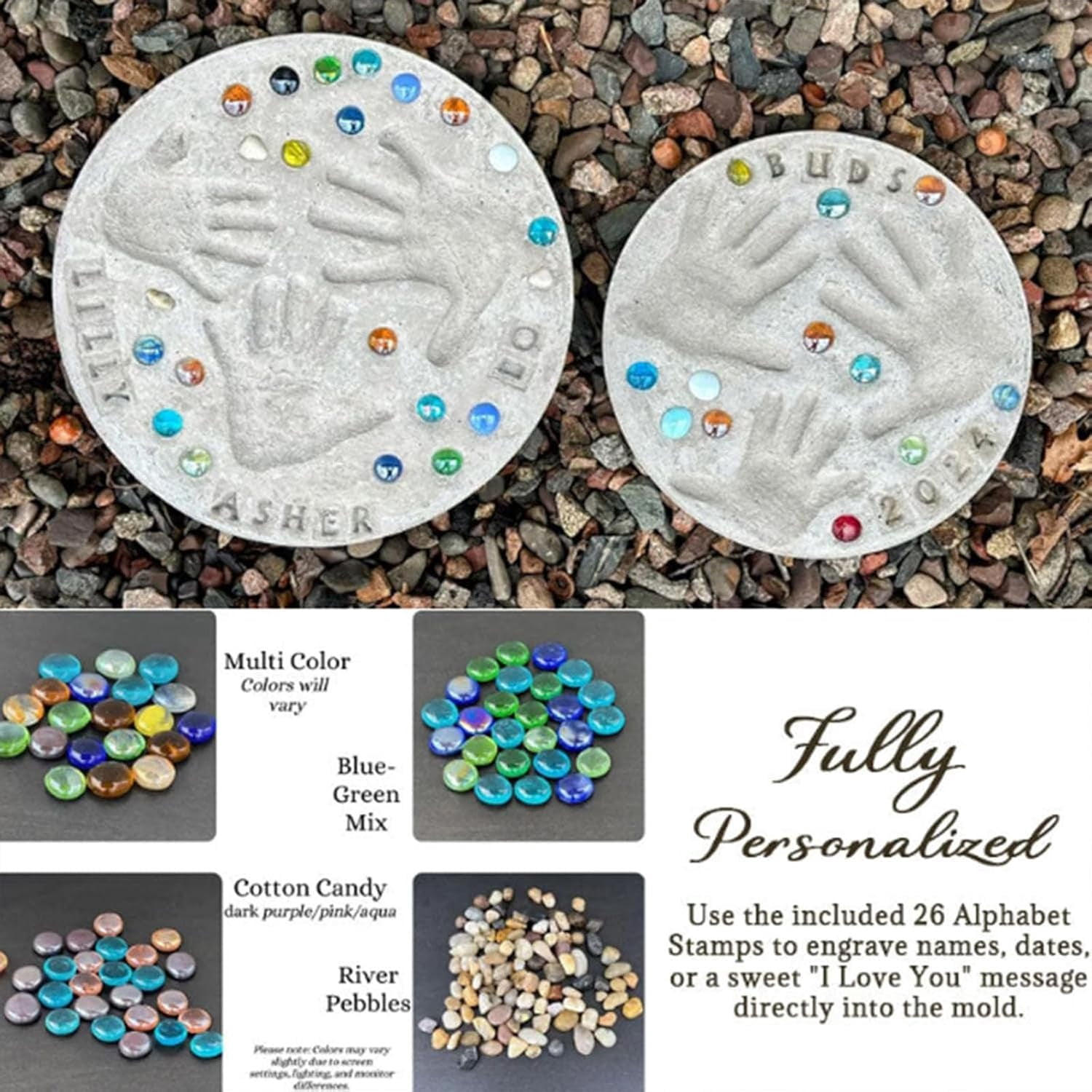 Mother's Day DIY Handprint Gift Kit, Large DIY Handprint Stepping Stone Kit, Indoor Outdoor Family Keepsake Gift, Includes 1 Mod, 26 Letter Stamps, and Colored Stones (12 in)