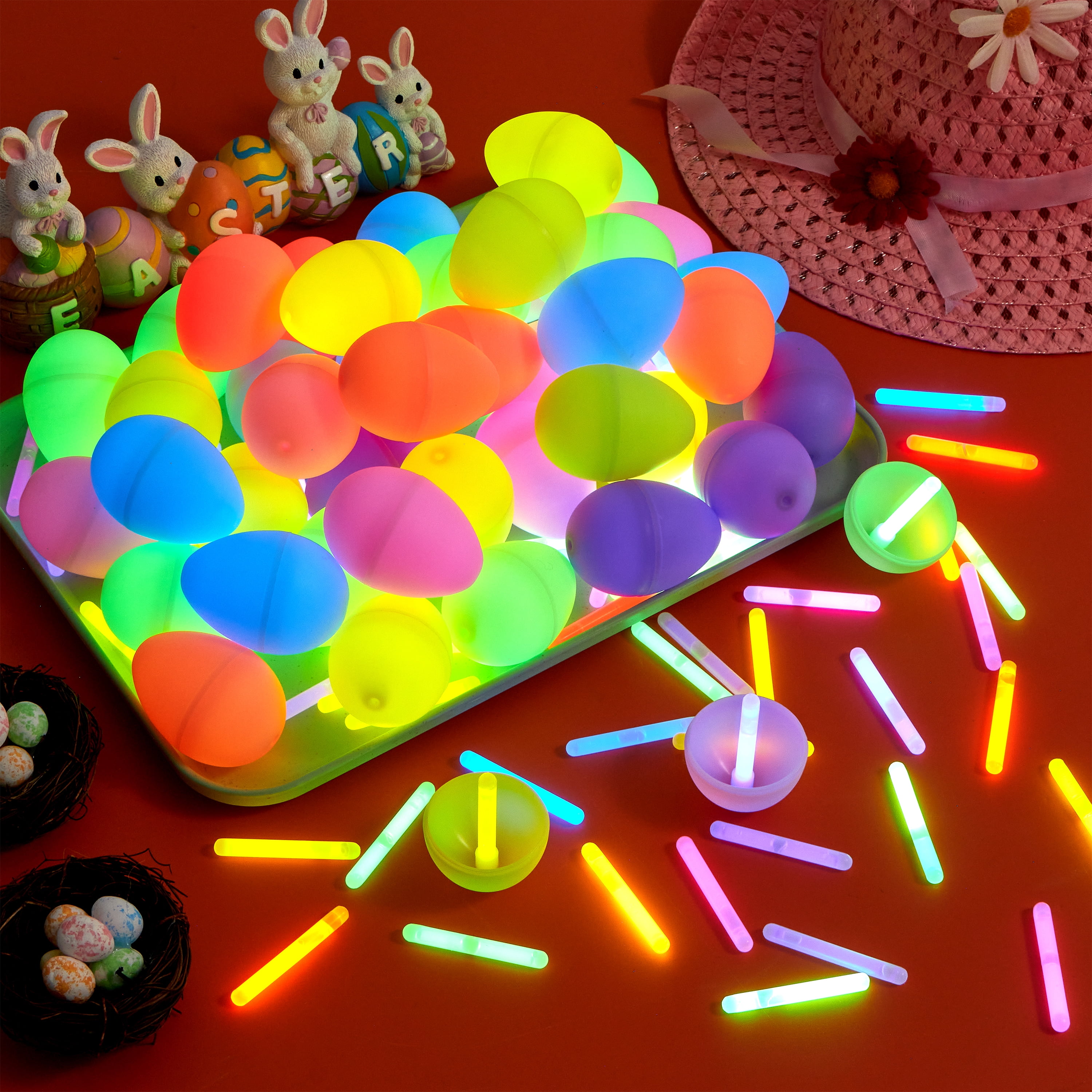 Joyfy 70 Pcs Easter Eggs Filled with Toys (35 Eggs & 35 Sticks),Easter Glowing Eggs Set for Kids,Easter Basket Stuffers Fillers Gift,Easter Eggs Hunt Game Party Favors
