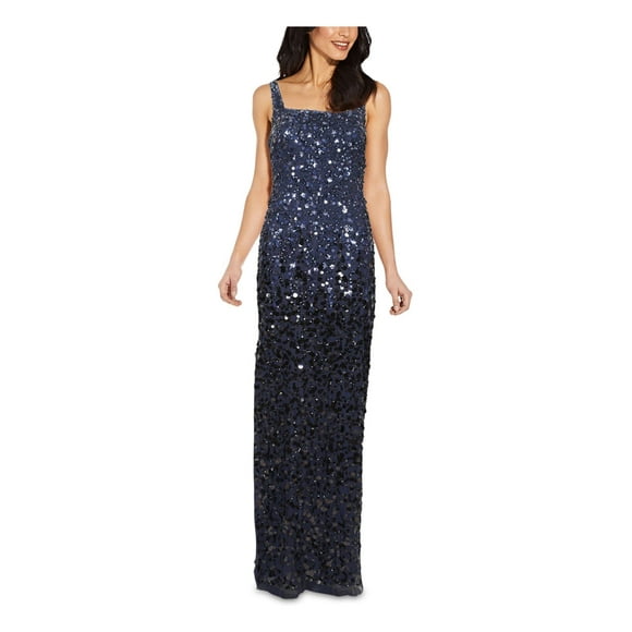 Adrianna Papell Womens Navy Stretch Sequined Zippered Slitted Lined Sleeveless Square Neck Full-Length Formal Gown Dress 4