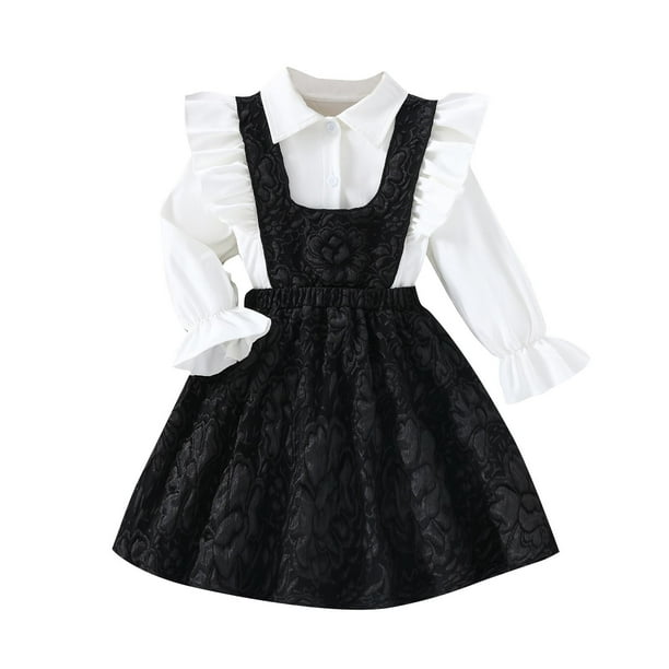 Odeerbi Niñas Ruffle Camisas de Algodón Con Estampado En Relieve Conjunto de Vestido de Tirantes Vestido de Dos Piezas Niños de Color Sólido A-Line Vestido de Manga Larga Flounce Top Set
