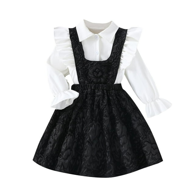 Odeerbi Niñas Ruffle Camisas de Algodón Con Estampado En Relieve Conjunto de Vestido de Tirantes Vestido de Dos Piezas Niños de Color Sólido A-Line Vestido de Manga Larga Flounce Top Set