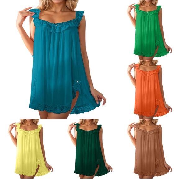 Wxolcjlv Womens Solid Nightgown Lace Ruffle Strap Loose Mini Dress Sleepwear