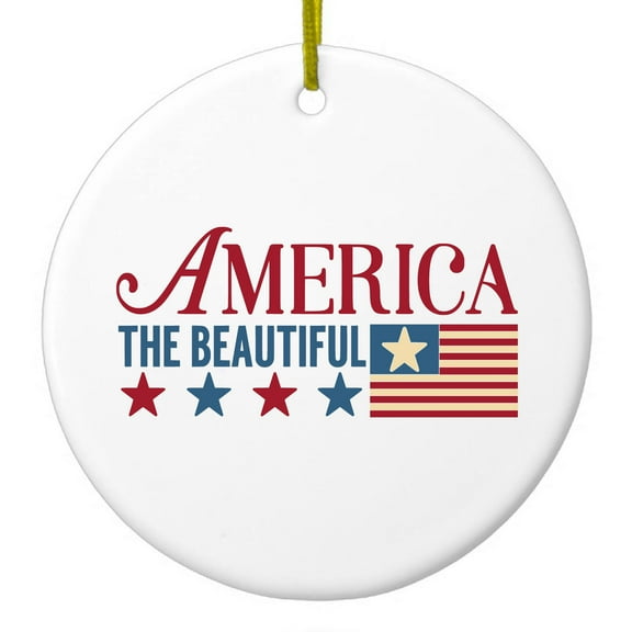DistinctInk Hanging Ceramic Christmass Tree Ornament with Gold String - Great Gift / Present - 2 3/4 inch diameter - America the Beautiful Flag