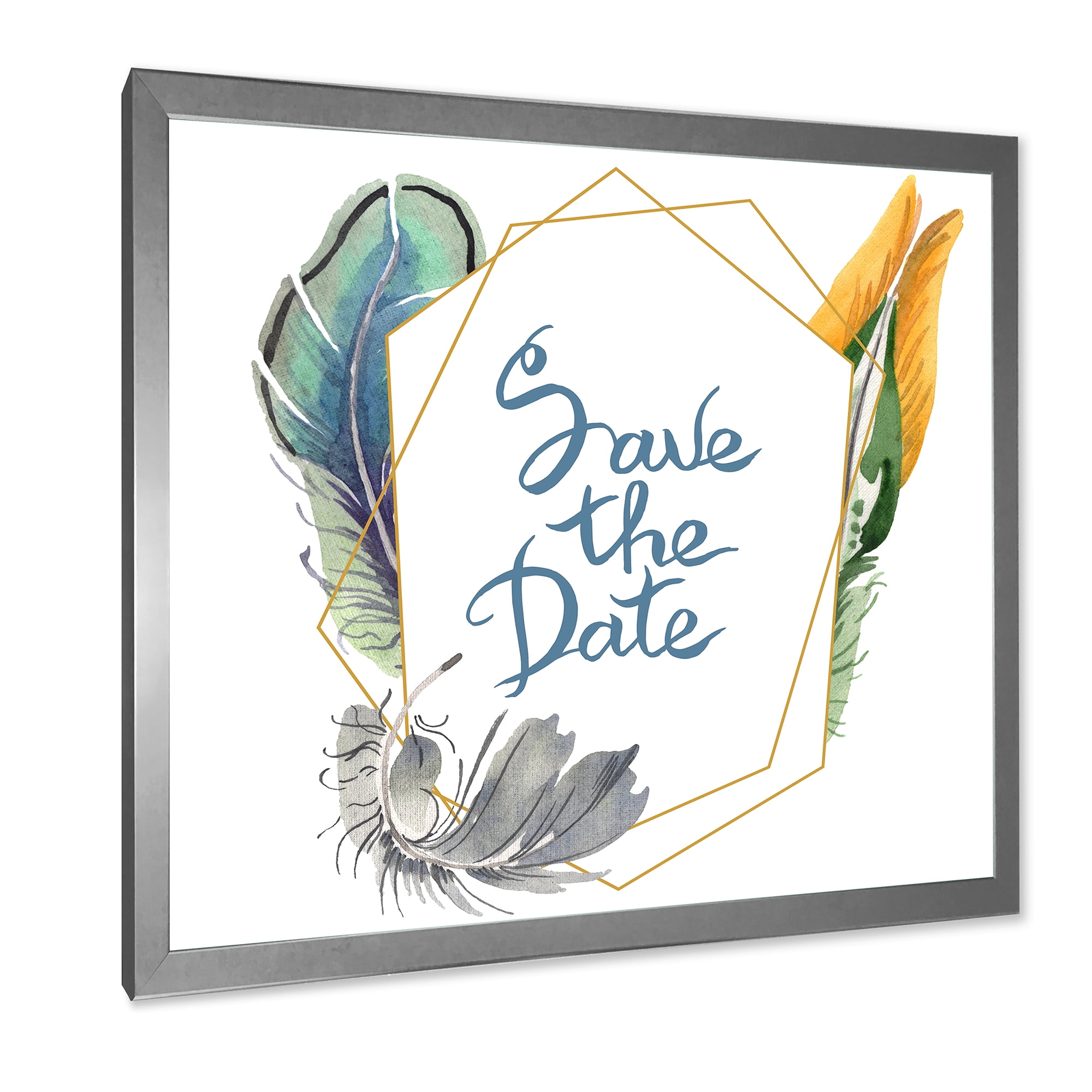 Designart 'Save The Date Bird Blue Feather' Bohemian & Eclectic Framed Art Print