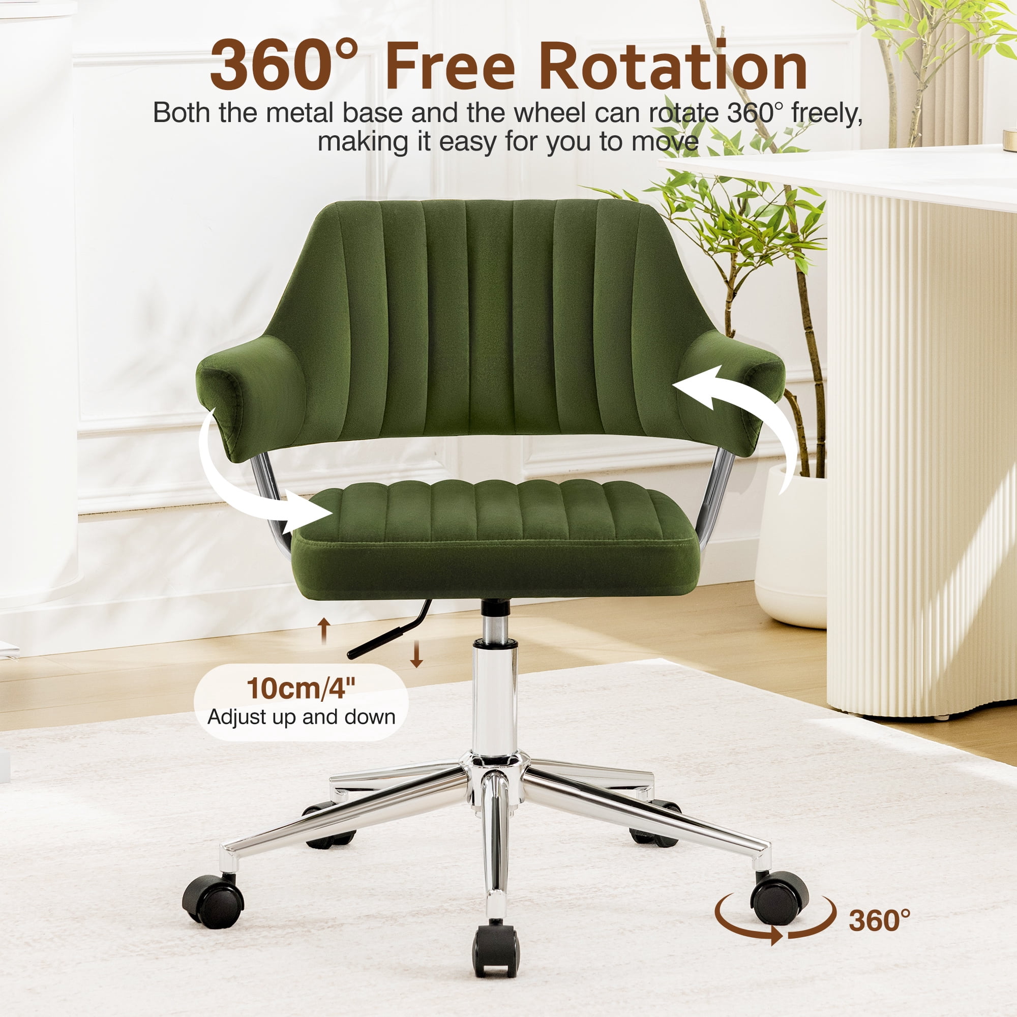 ATHOPE Home Office Desk Chair, Modern Office Chair with Wheels, Small Comfy Desk Chair with Arms, Low Back Computer Chair, Swivel Flffy Vanity Chair, Green