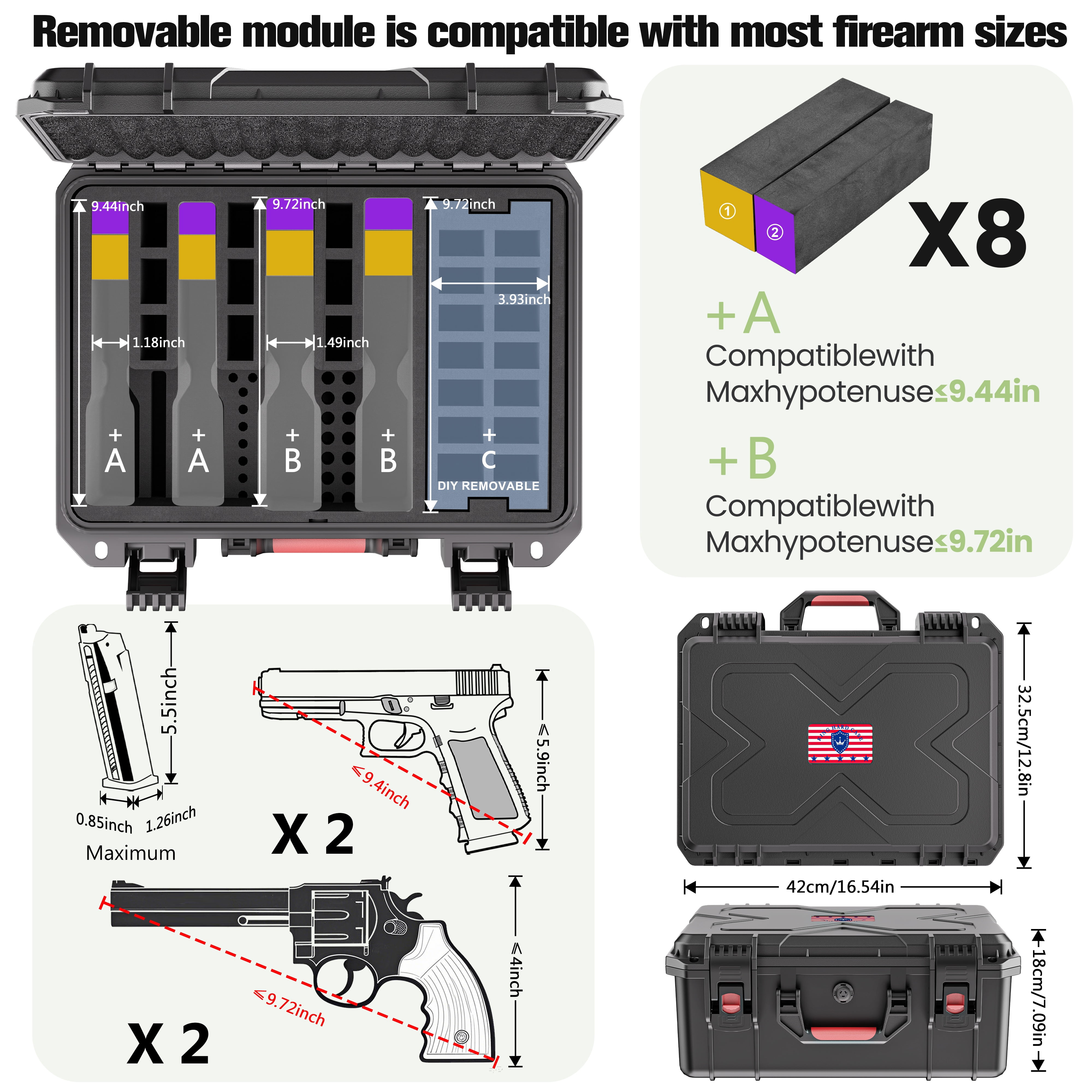Kinghardcase 4-Slot Hard Case with Pre-Cut Foam, TSA-Compatible Lockable Waterproof Storage Box, Shockproof Equipment Case with Desiccant, 16.9"x13.7"x7"