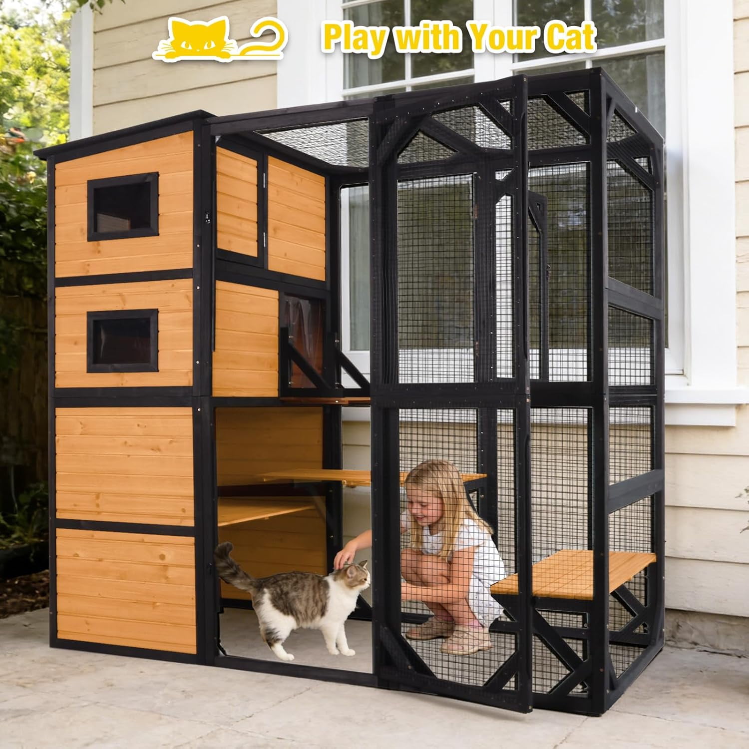 Aivituvin 77" Tall Catio Outdoor Cat Enclosure, Large Wooden Cat House with Waterproof Roof & 3-Tier Platforms, Walk-in Outside Cat Patio with Connectable Window Door for Multiple Cats (Orange)