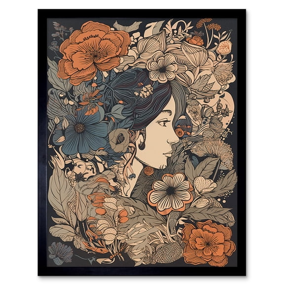 Woman Floral Profile Portrait Boho Art Nouveau Art Print Framed Poster Wall Decor 12x16 inch