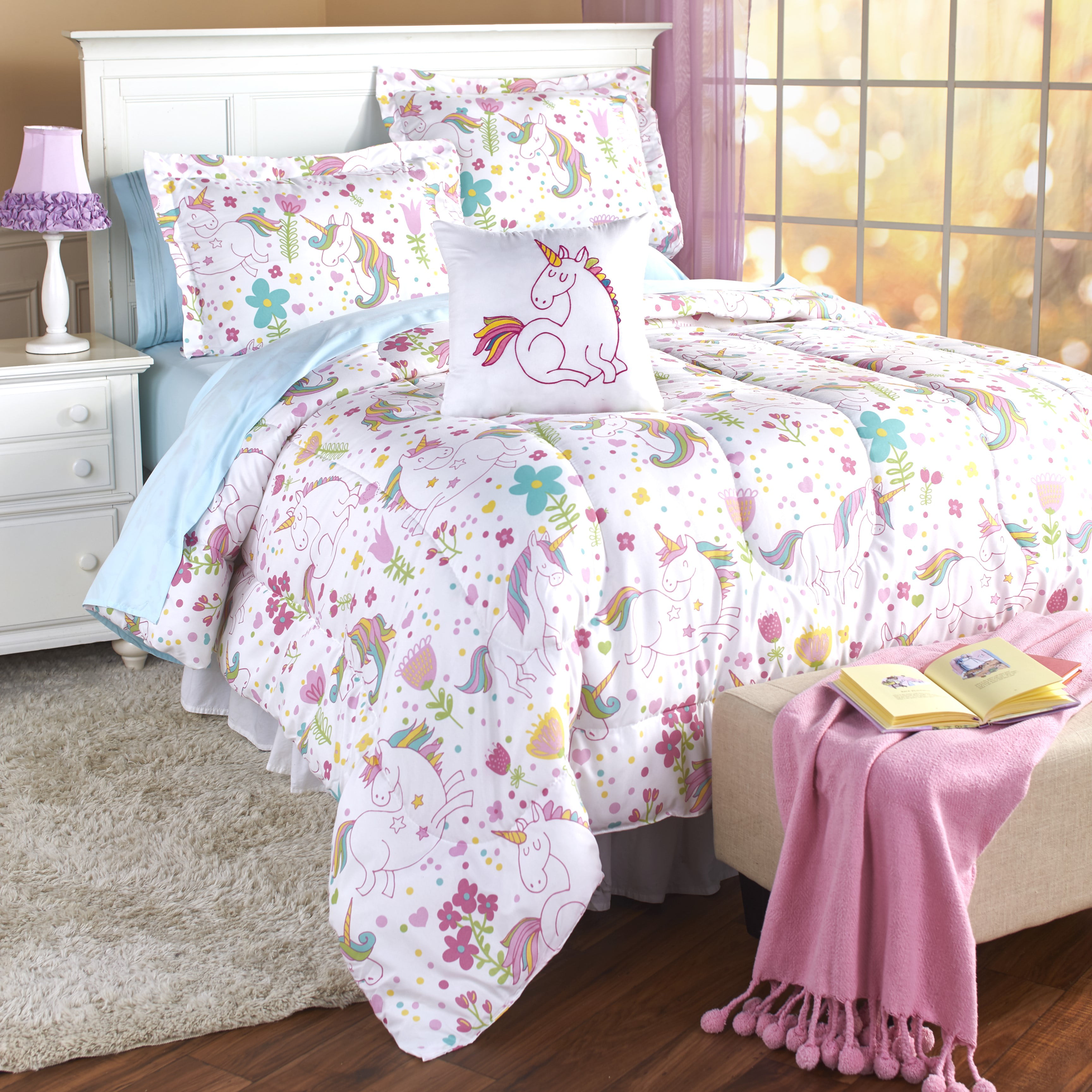 Linen Plus Comforter Set for Girls/Teens Unicorn Rainbow Castle Pink Purple Yellow White New Queen