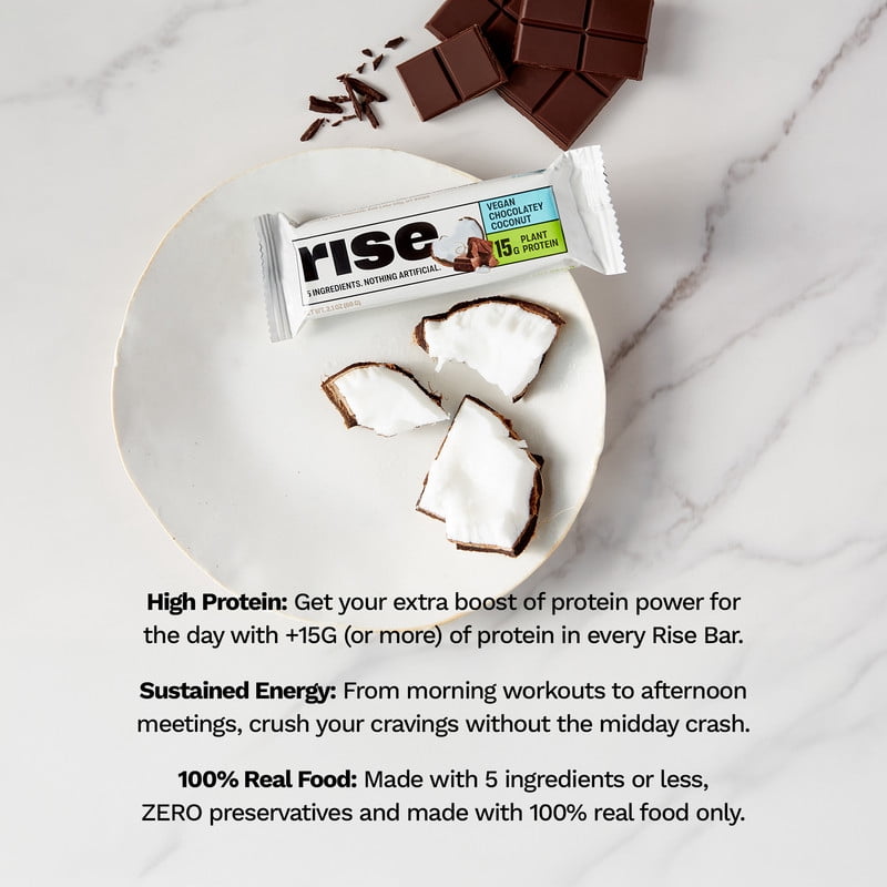 Rise Pea Protein Bar - Chocolatey Coconut | Breakfast Bar & Protein Snack 15g Protein Just 5 Whole Food Ingredients Non-GMO Gluten-Free Soy Free (12 Count)
