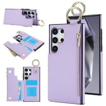 Wallet Case for Samsung Galaxy S24 Ultra with Shoulder Strap & RFID Blocking Card Slots Holder Kickstand & Finger Ring, Magnetic Flip Folio Zipper Purse Case, PU Leather Cover Handbag, Violet